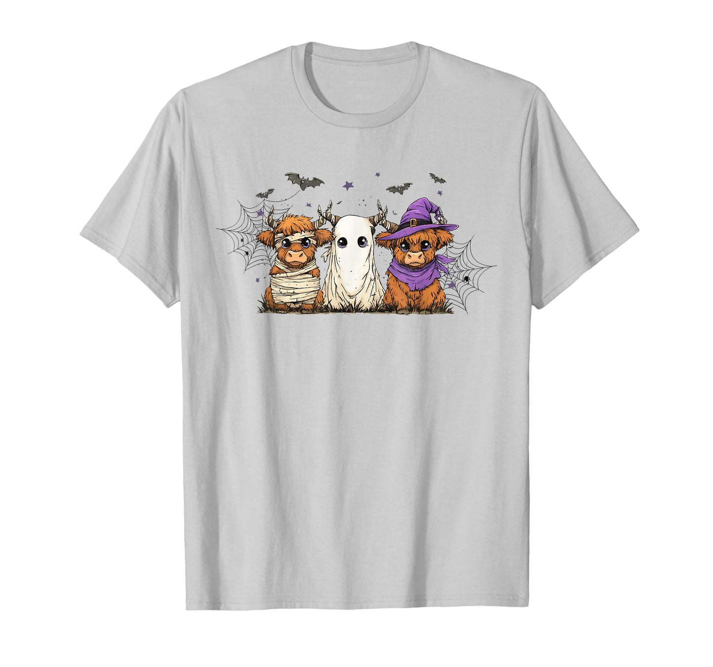 Halloween Highland Cow Trio Ghost Witch Mummy Bat Spider T-Shirt