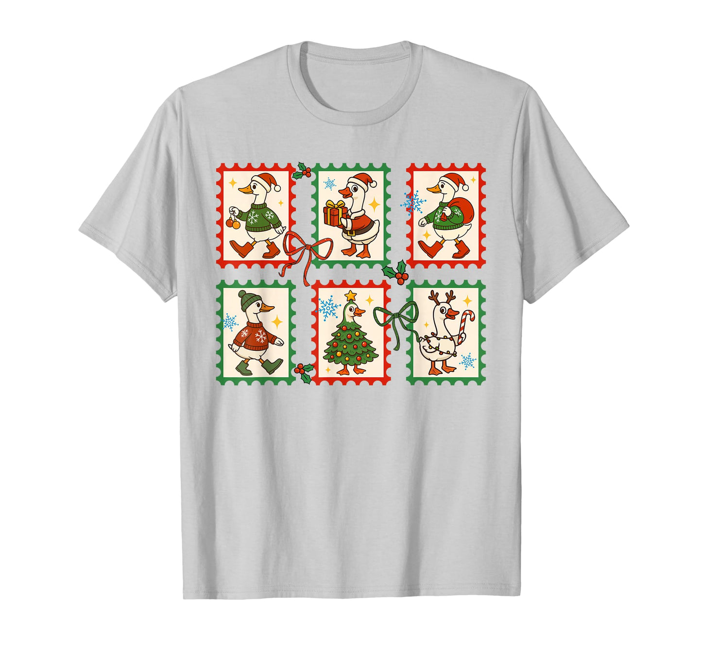 Funny Silly Goose Santa Tree Lights Elf Christmas Stamps T-Shirt