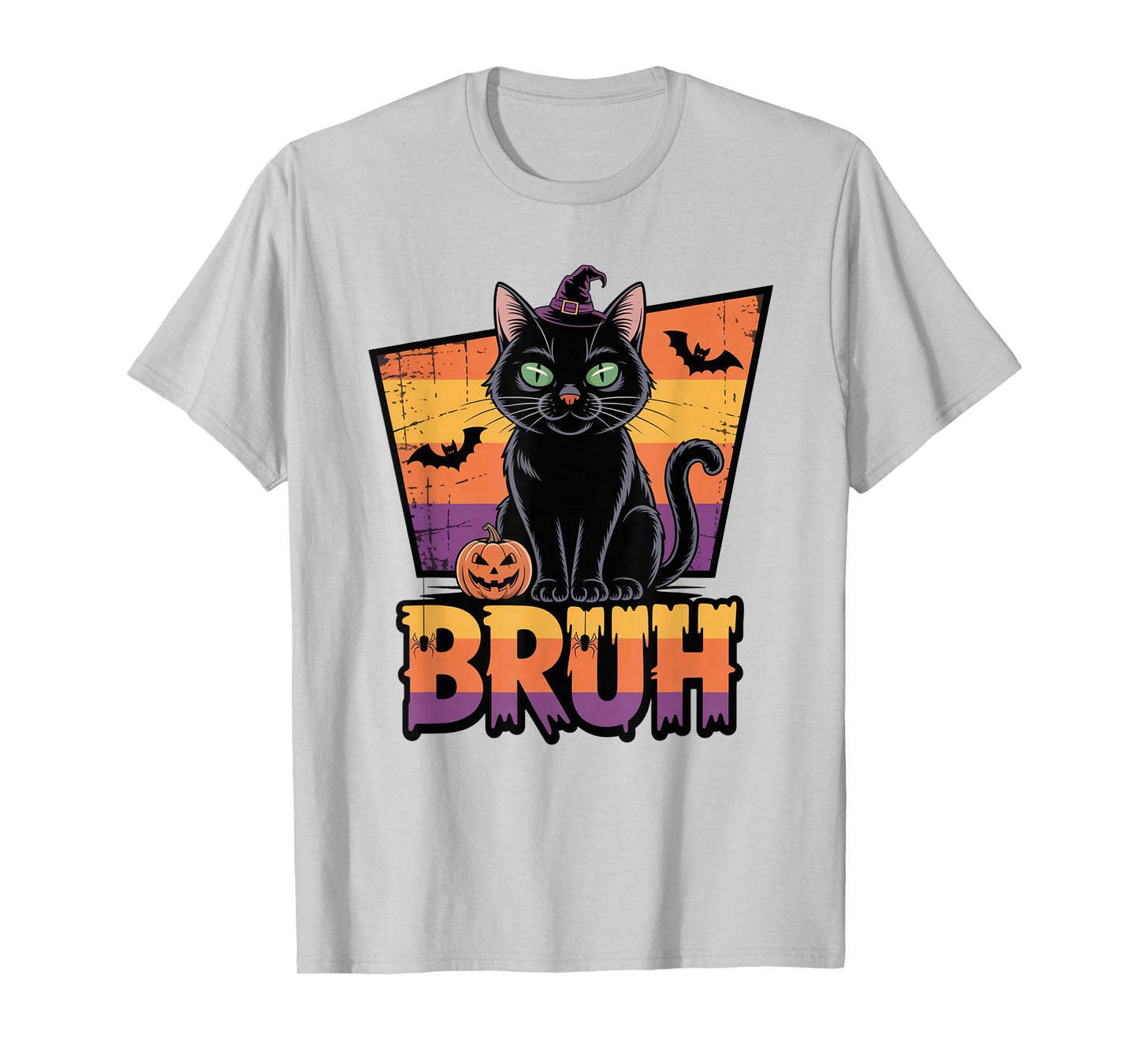 Bruh Black Cat Witch Hat Pumpkin Halloween Spooky Trend Tee T-Shirt