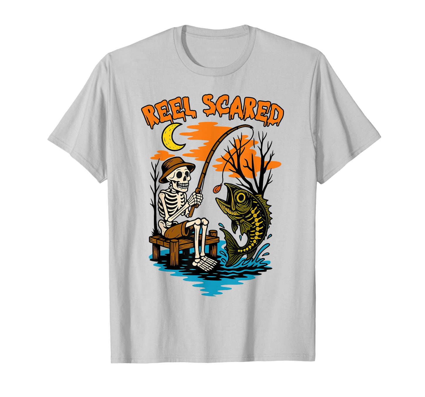 Vintage Reel Halloween Scared Fishing Skeleton Fisherman T-Shirt