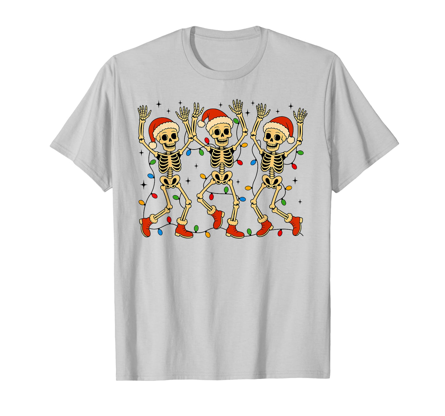 Funny Christmas Dancing Skeletons with Santa Hat Xmas Lights T-Shirt