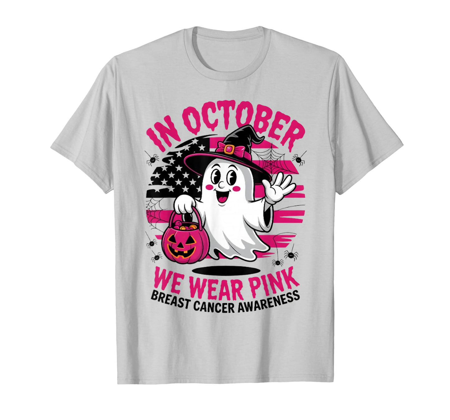 in October We Wear Pink Ghost Witch Breast Cancer Awareness T-Shirt