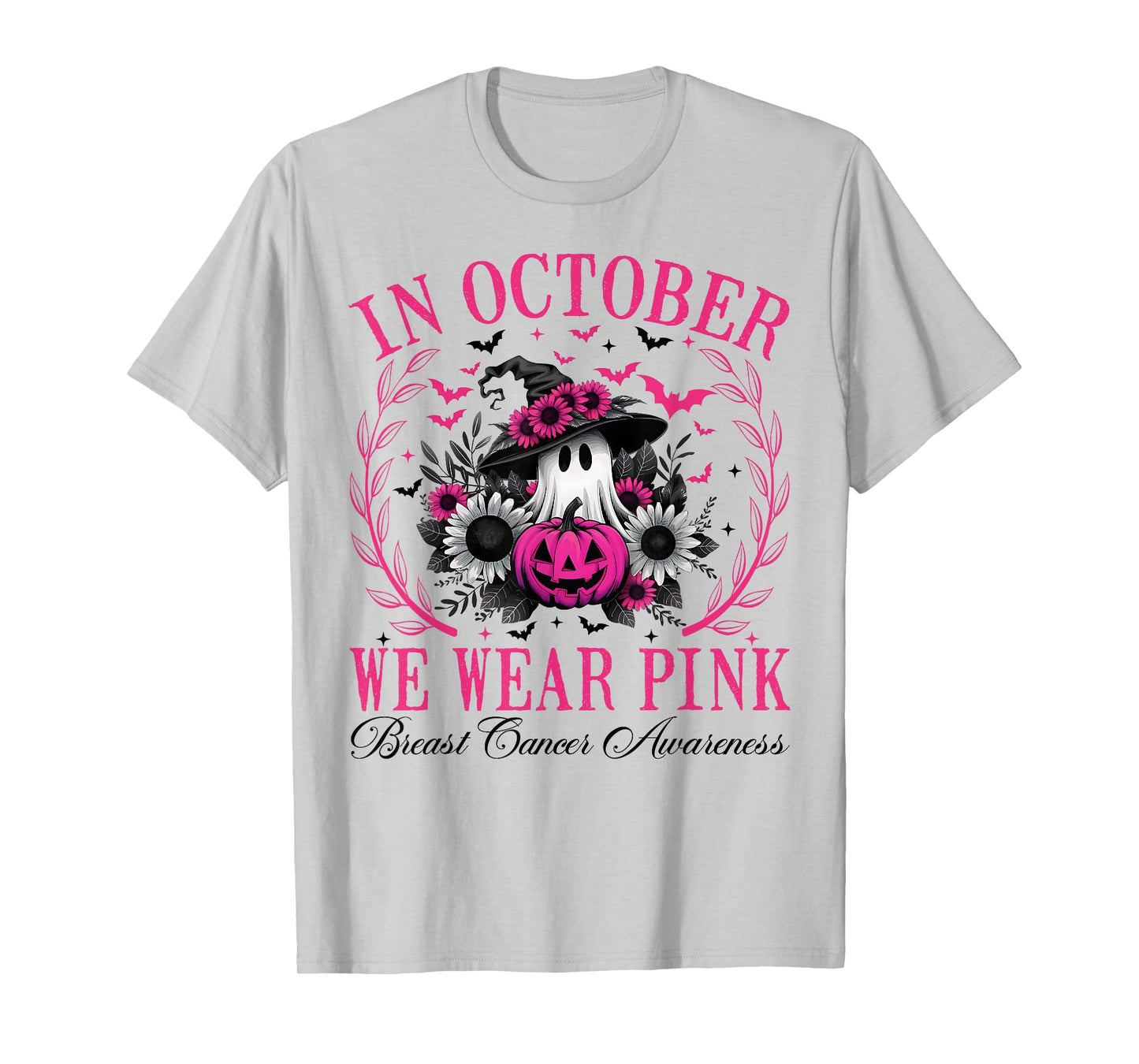 in October We Wear Pink Ghost Witch Breast Cancer Awareness T-Shirt