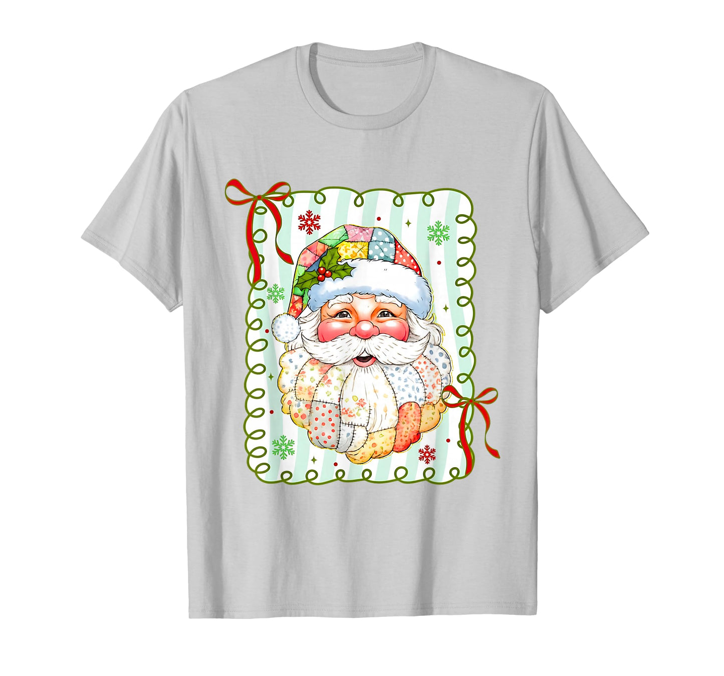 Patchwork Santa Claus Face Christmas Bow Men Women Kids T-Shirt