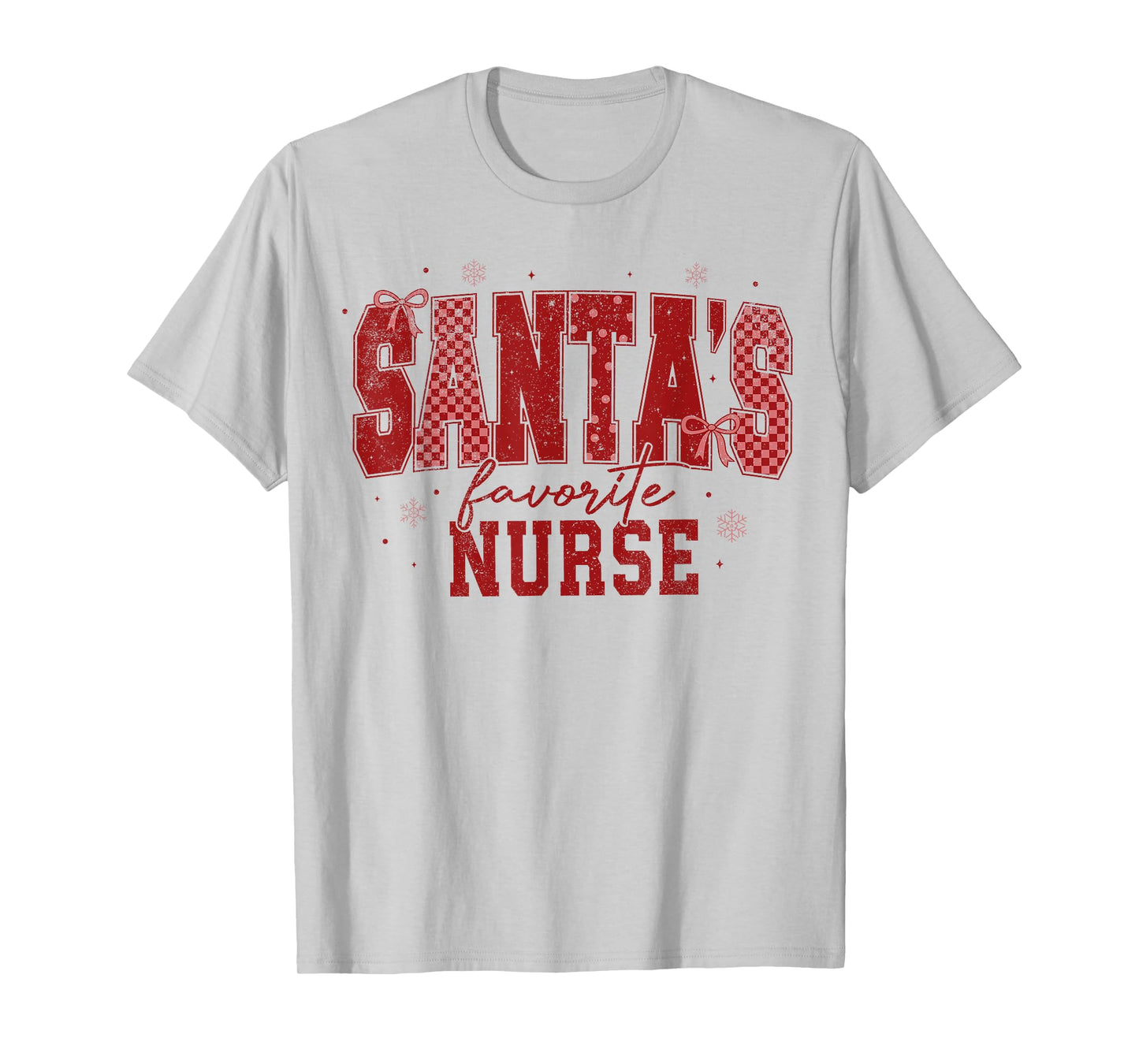 Retro Santas Favorite Nurse Checkered Coquette Bow Christmas T-Shirt