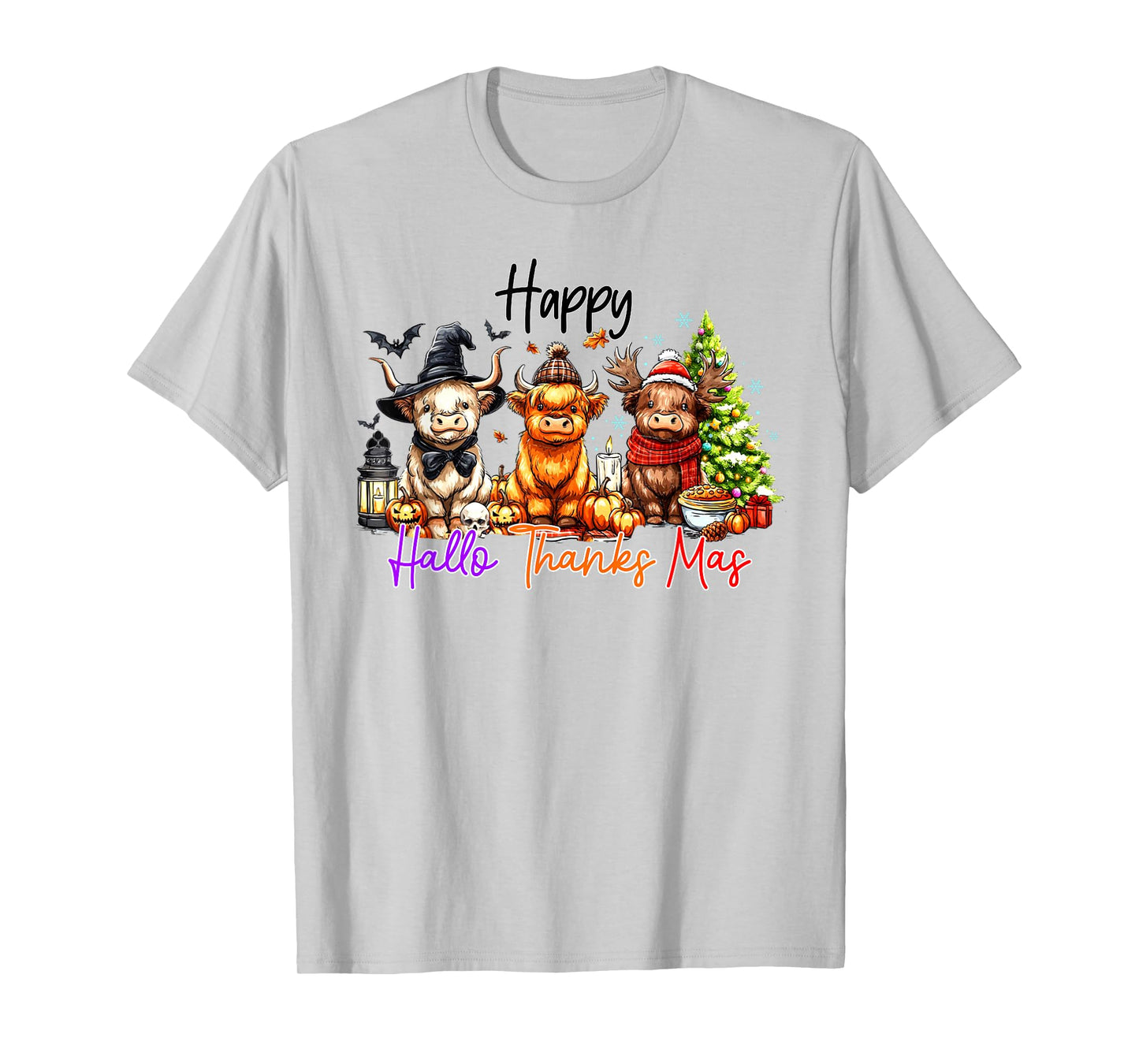 Happy Hallothanksmas Highland Cow Halloween Merry Christmas T-Shirt