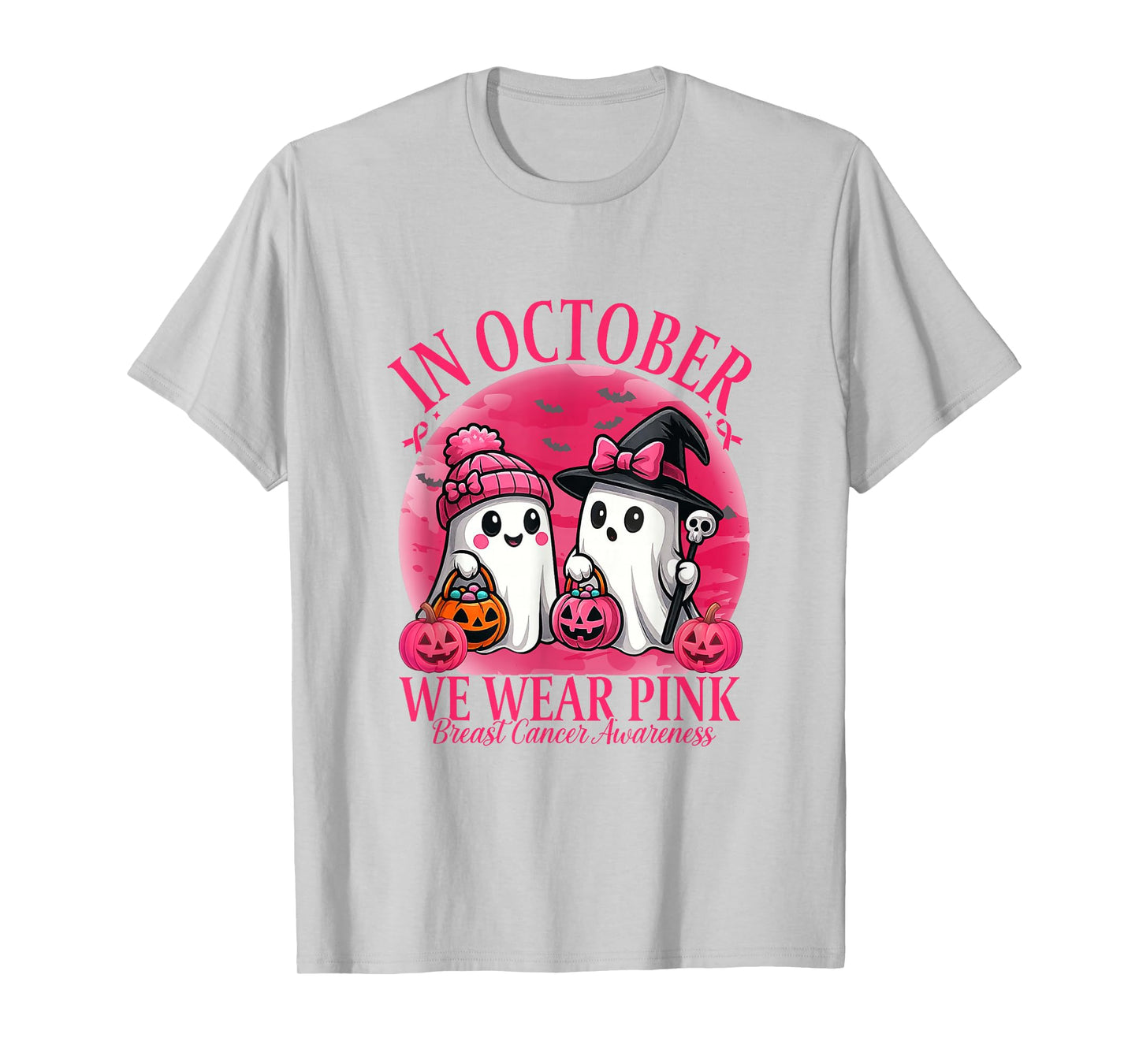 in October We Wear Pink Ghost Witch Breast Cancer Awareness T-Shirt