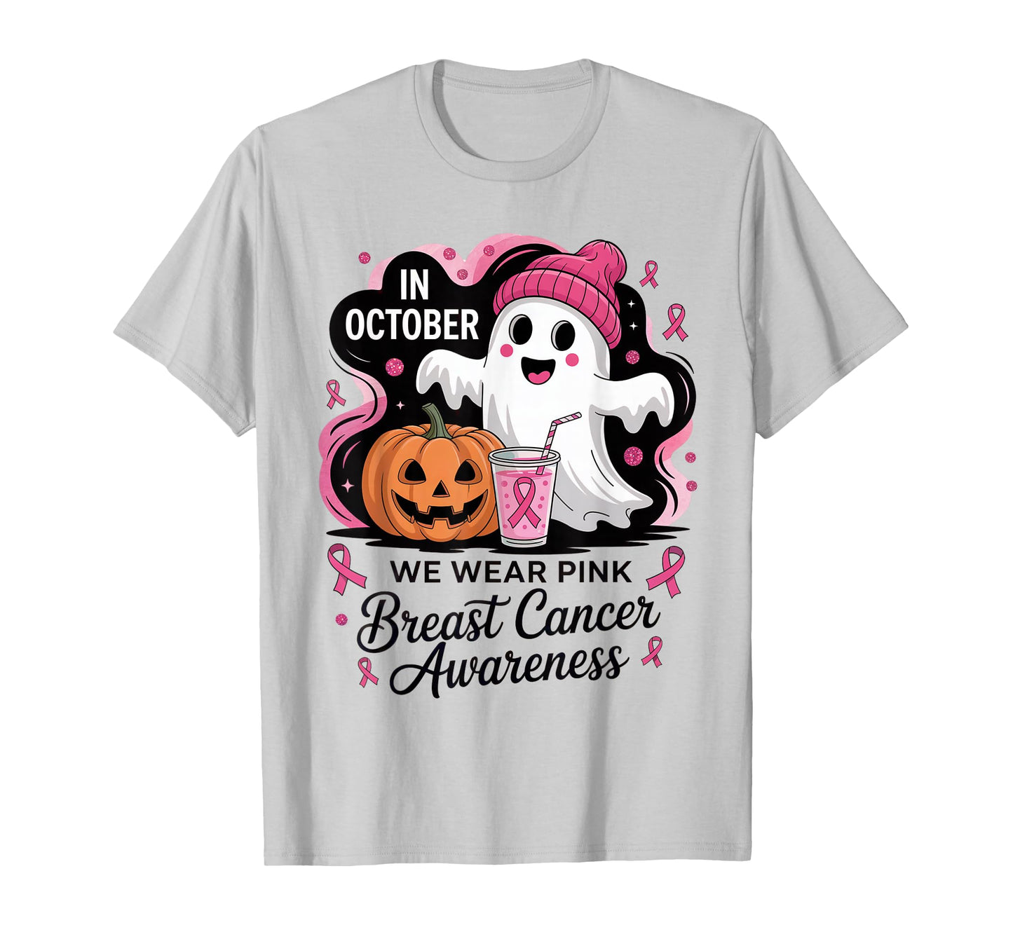 Pink Pumpkin Ghost Halloween Breast Cancer Awareness T-Shirt