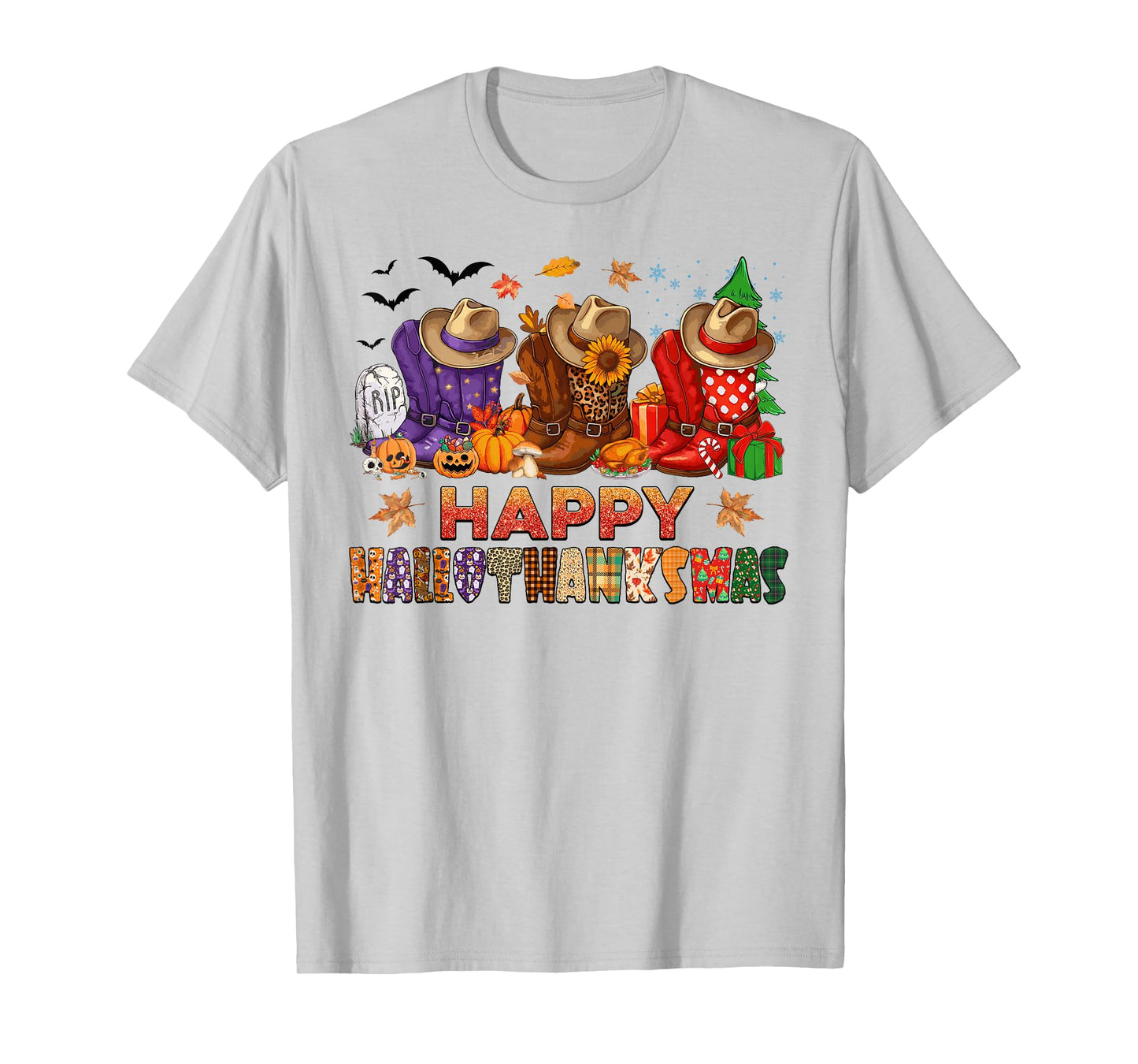 Happy Hallothanksmas Cowboy Boots Halloween Thanksgiving T-Shirt