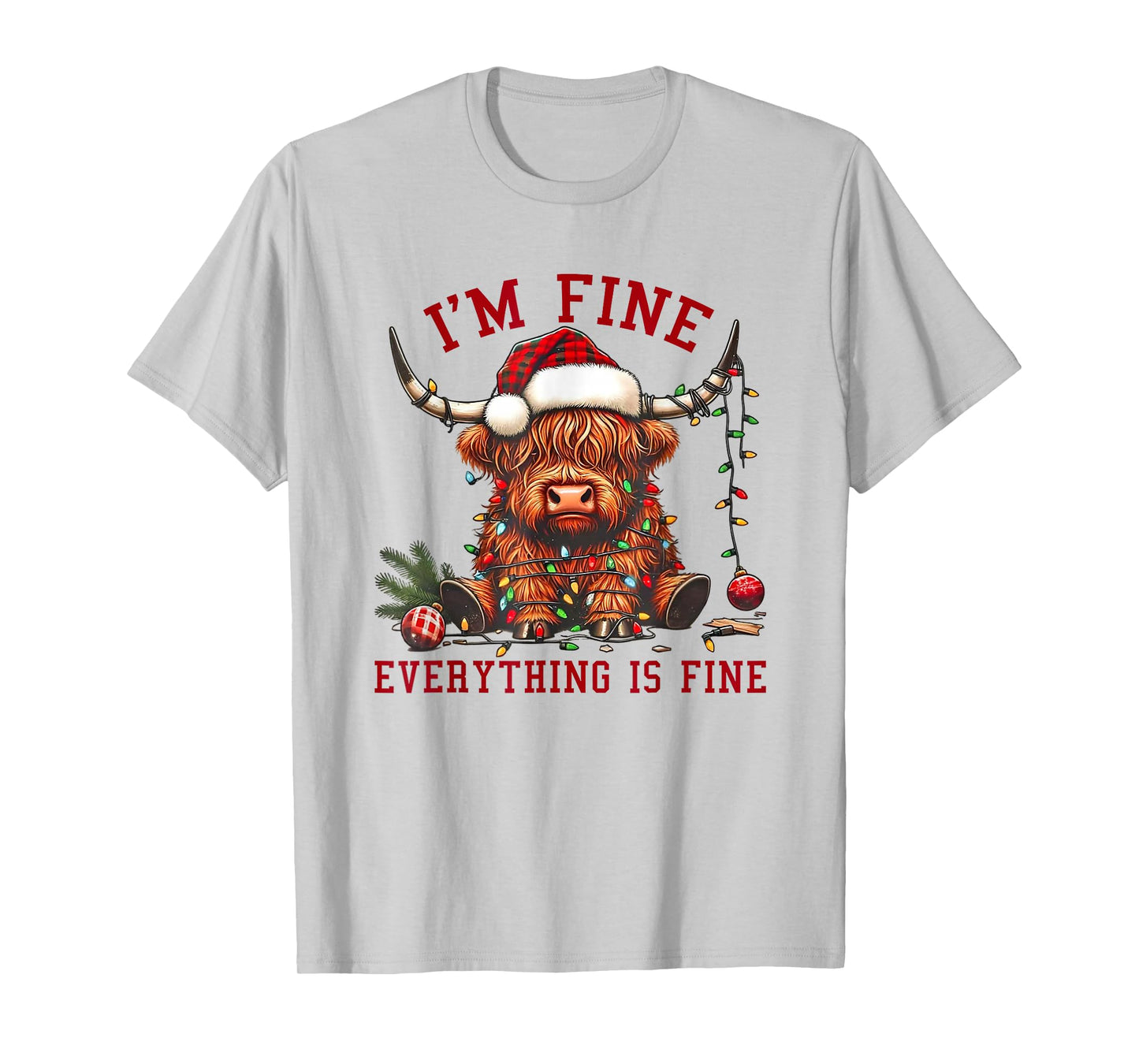 I'm Fine Everything is Fine Funny Christmas Highland Cow T-Shirt