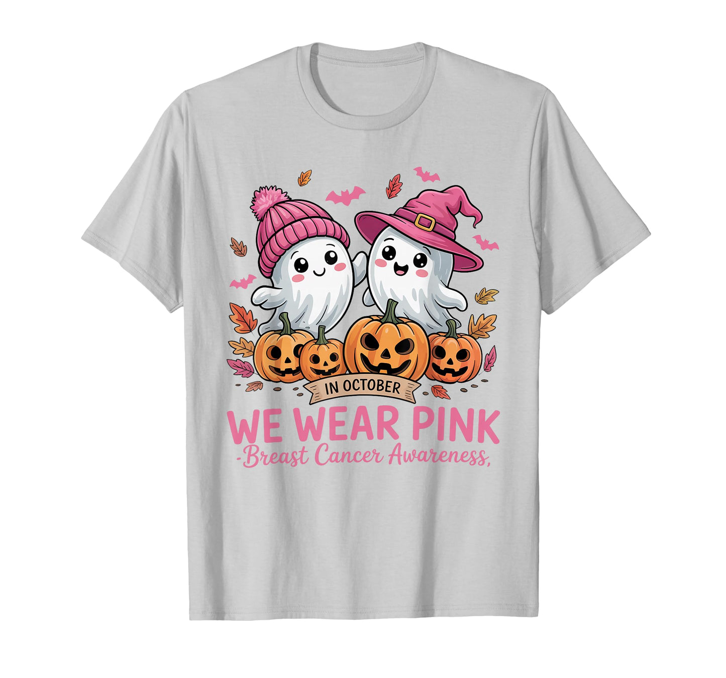 in October We Wear Pink Ghost Witch Breast Cancer Awareness T-Shirt