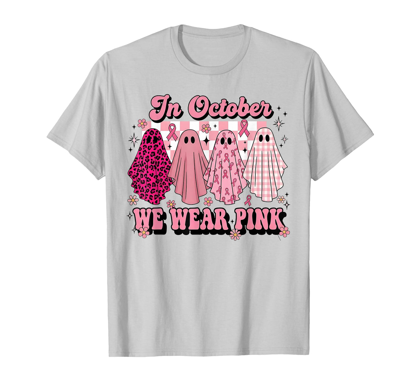 in October We Wear Pink Ghost Witch Breast Cancer Awarenes T-Shirt