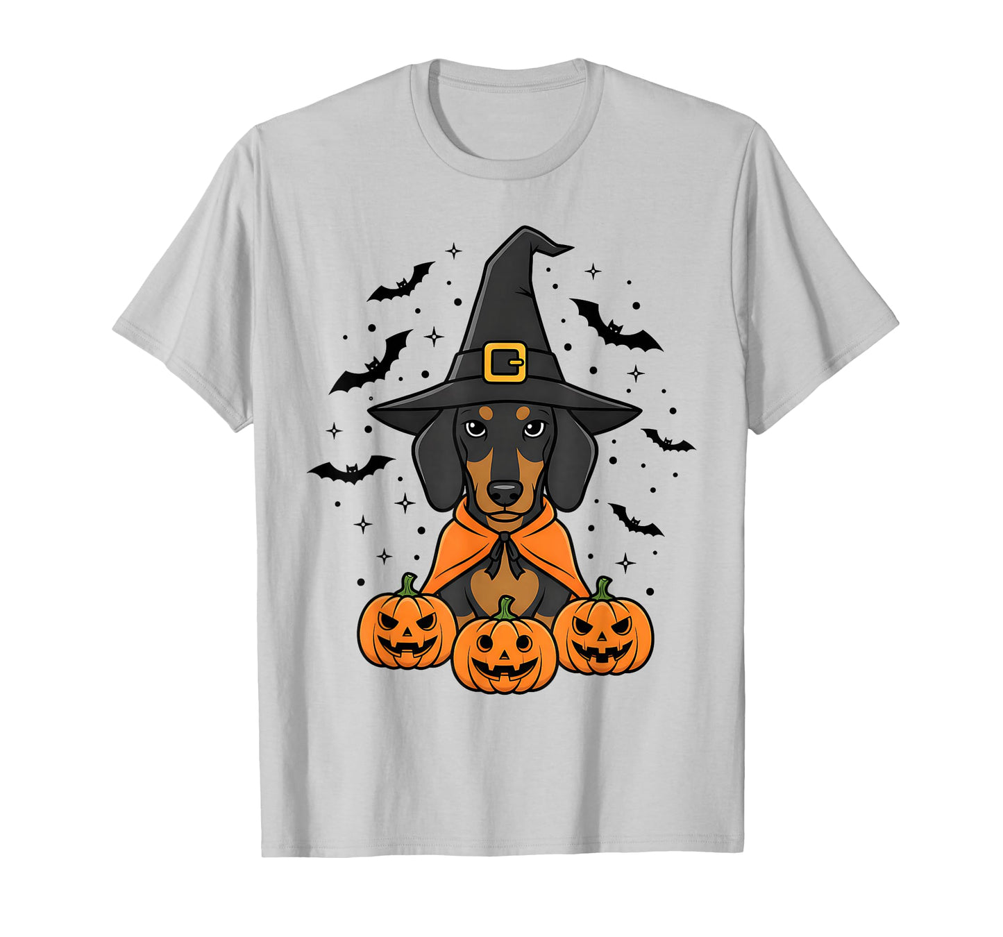 Halloween Dachshund Dog in Witch Hat with Pumpkins and Bats T-Shirt