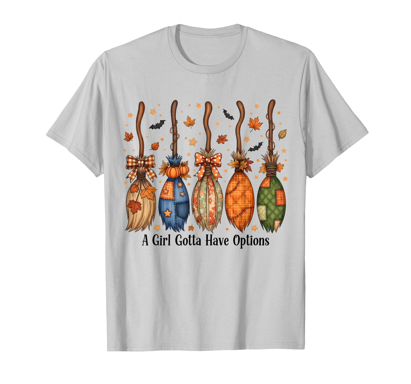Halloween A Girl Gotta Have Options Patchwork Witch Brooms T-Shirt