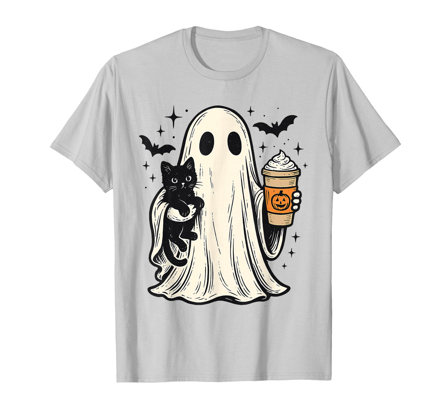 Cute Halloween Ghost Holding Black Cat Fall Coffee for Women T-Shirt
