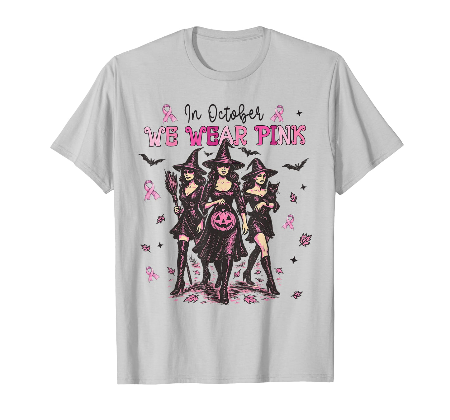 in October We Wear Pink Witch Halloween Breast Cancer Women T-Shirt