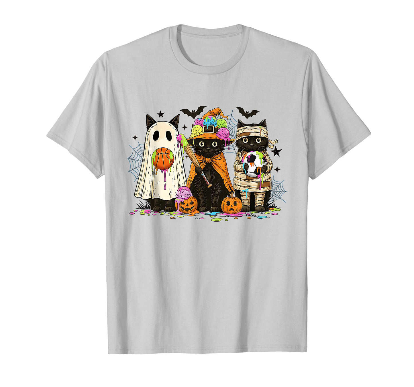 Retro Black Cat Ice Cream Drip Halloween Baseball Soccer T-Shirt
