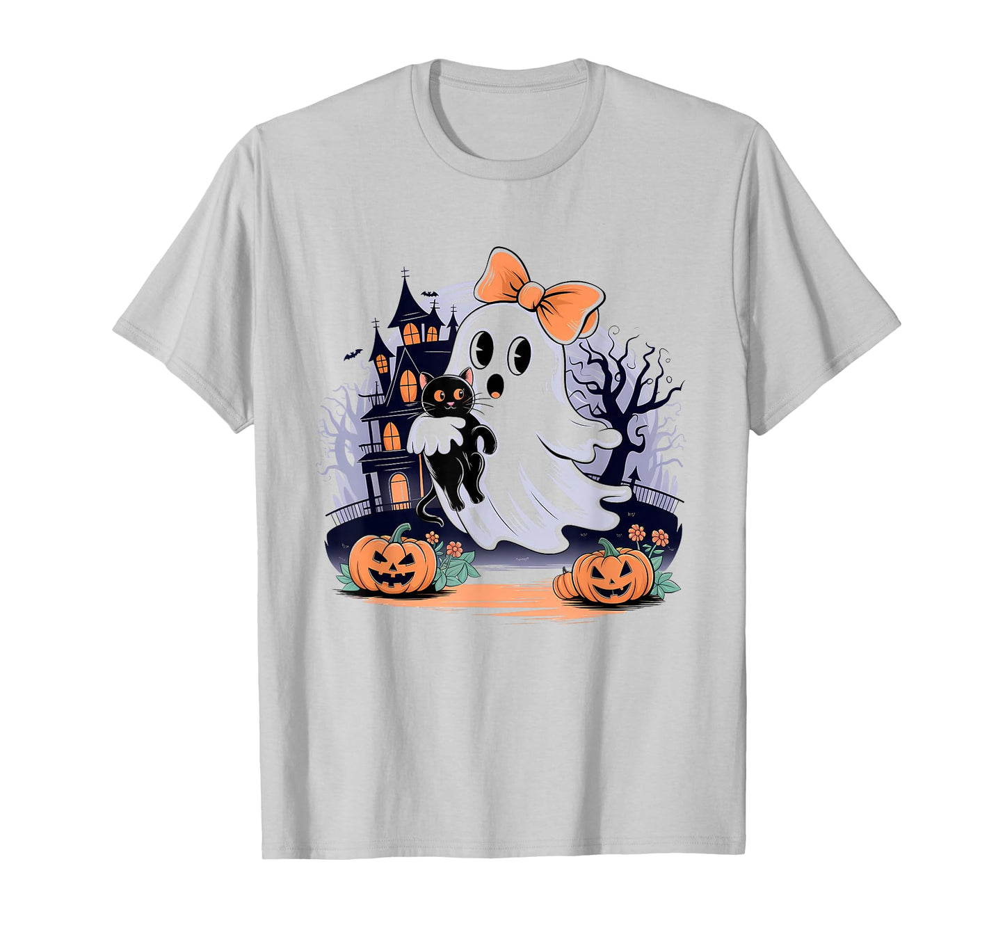 Halloween Ghost Holding Black Cat Groovy Men Women & Youths T-Shirt