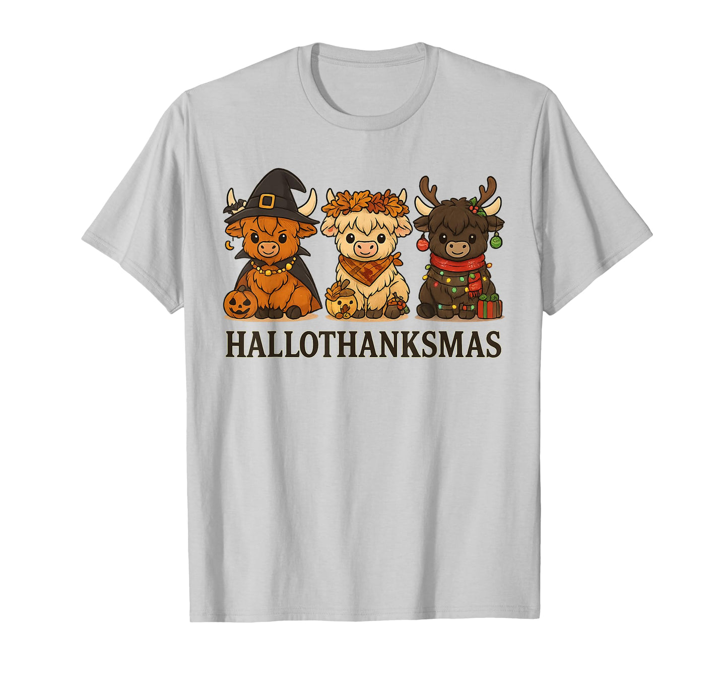 Hallothanksmas Highland Cow Trio Halloween Thanksgiving T-Shirt