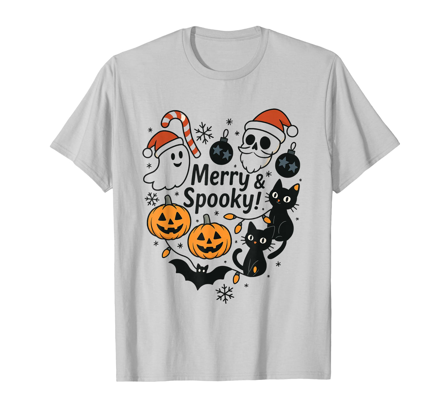 Merry Spooky Halloween Christmas Cute Cats Pumpkins Skulls T-Shirt