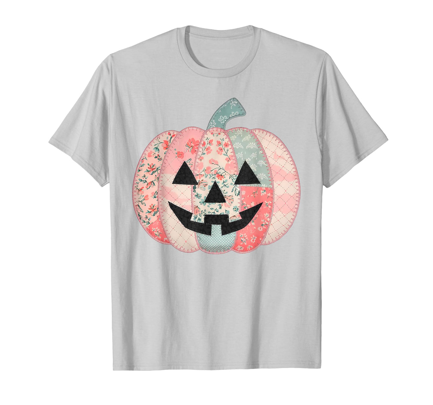 Preppy Pink Floral Patchwork Pumpkin Autumn Fall Halloween T-Shirt