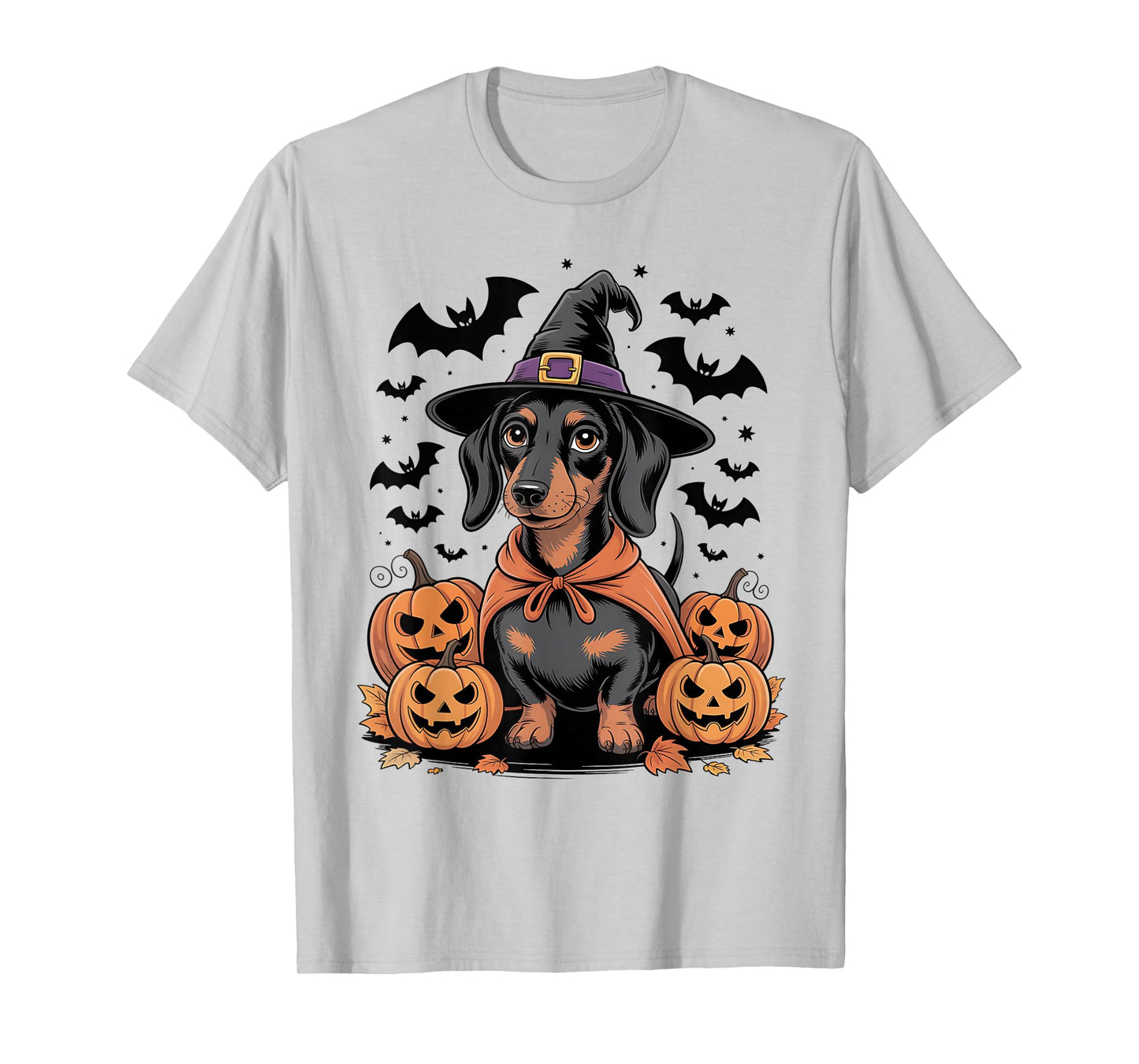 Halloween Dachshund Dog in Witch Hat with Pumpkins and Bats T-Shirt