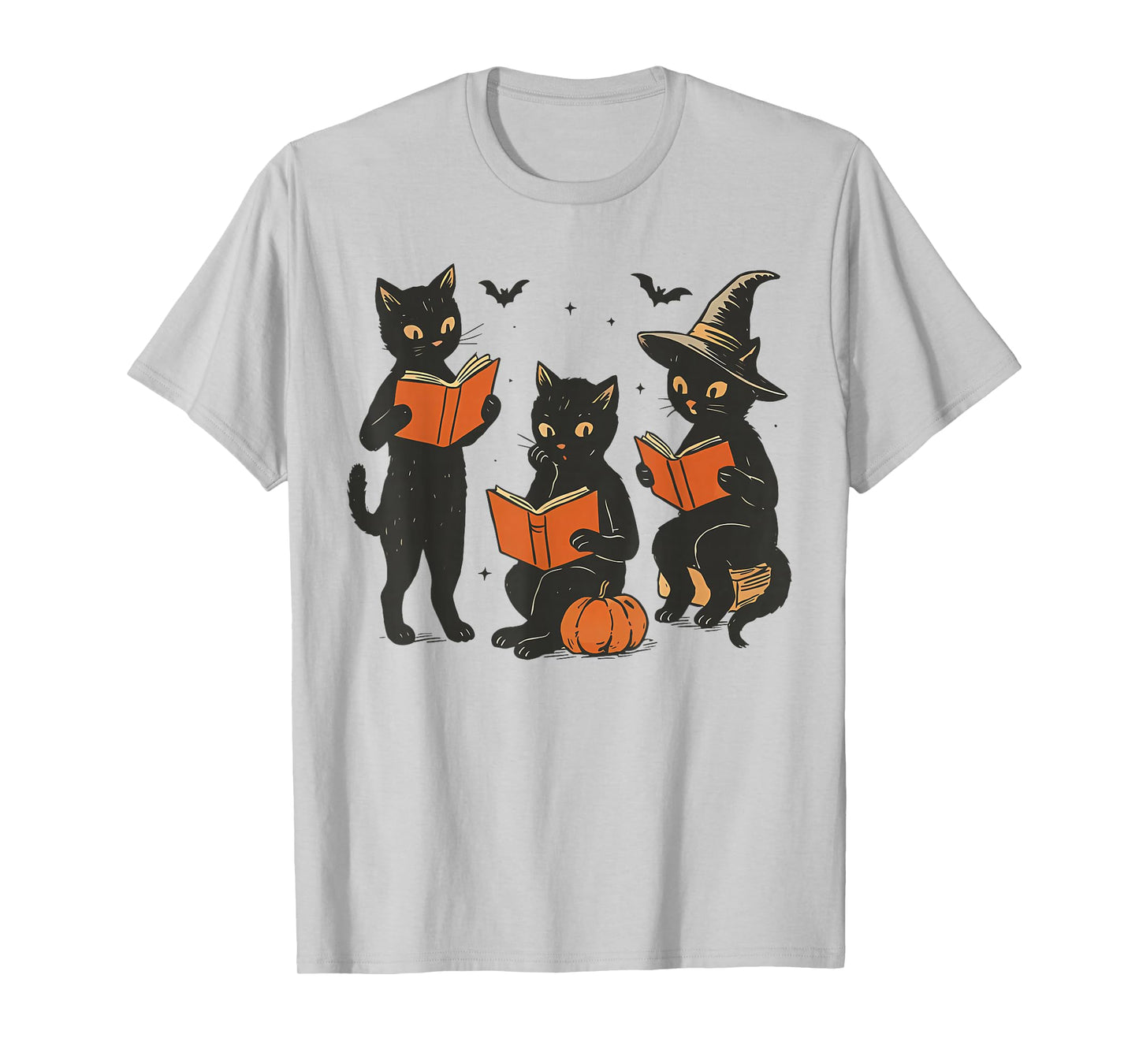 Black Cat Reading Book Lovers Pumpkin Halloween Boys Girls T-Shirt