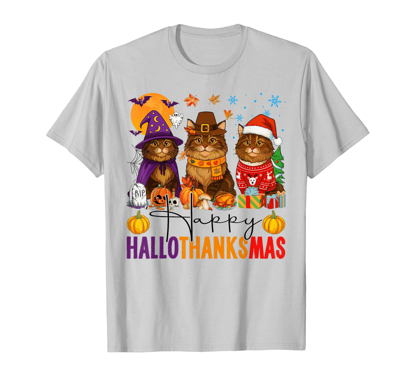 Happy Hallothanksmas Maine Coon Cats Halloween Thanksgiving T-Shirt