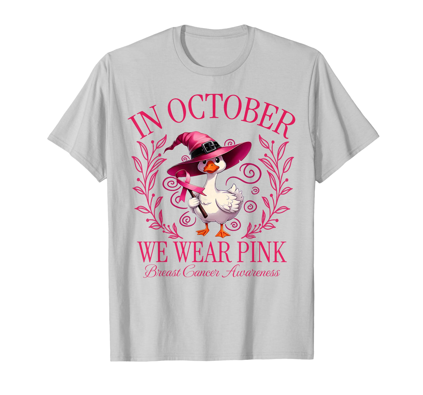 in October We Wear Pink Witch Goose Breast Cancer Awareness T-Shirt