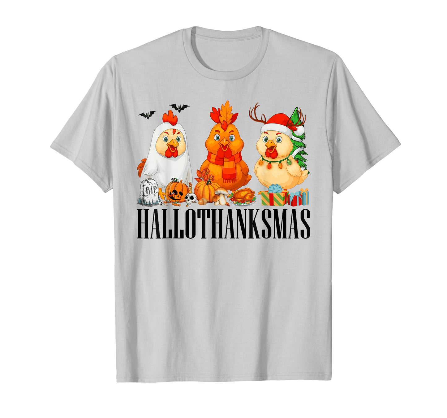 Happy Hallothanksmas Halloween Thanksgiving Xmas Chickens T-Shirt