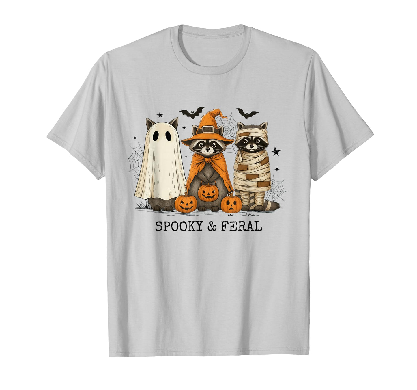 Spooky and Feral Funny Ghost Witch Raccoon Halloween T-Shirt