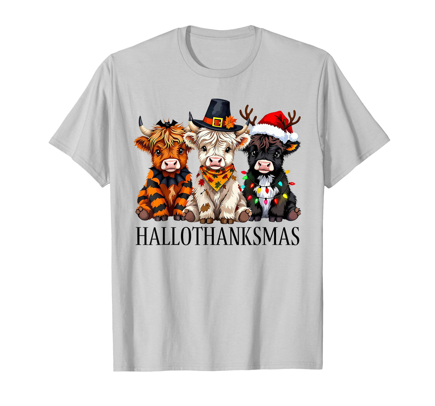 Happy Hallothanksmas Highland Cow Halloween Merry Christmas T-Shirt