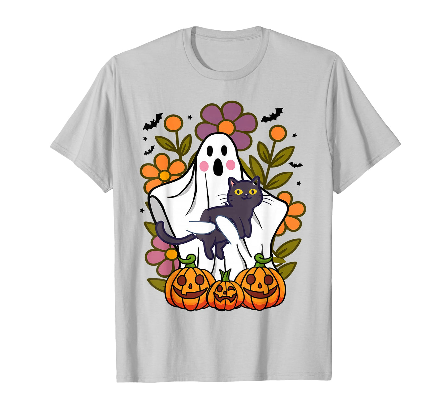 Funny Floral Ghost with Cat Vintage Pumpkin Fall Halloween T-Shirt