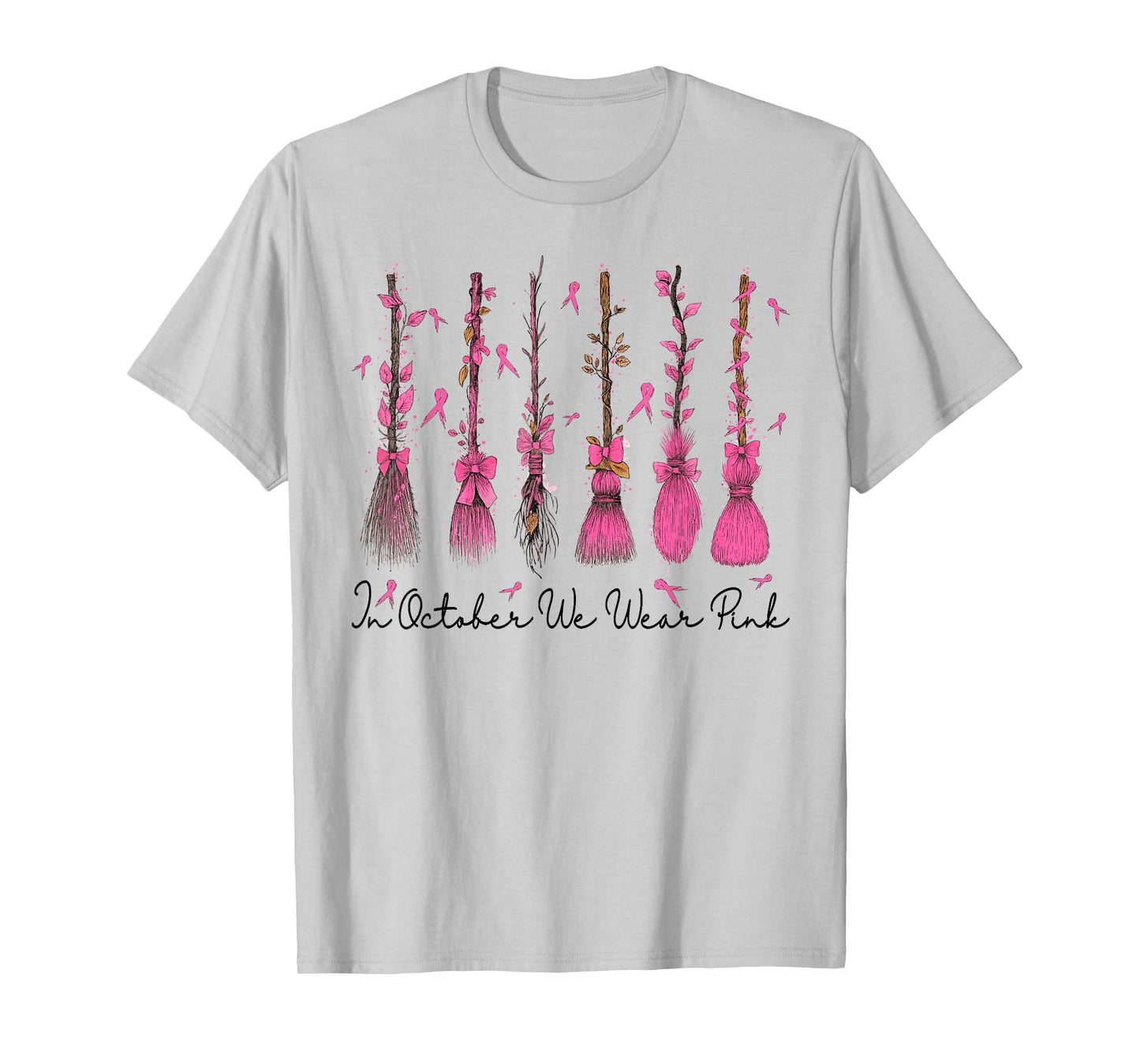 Breast Cancer Halloween in October We Wear Pink Witch Broom T-Shirt