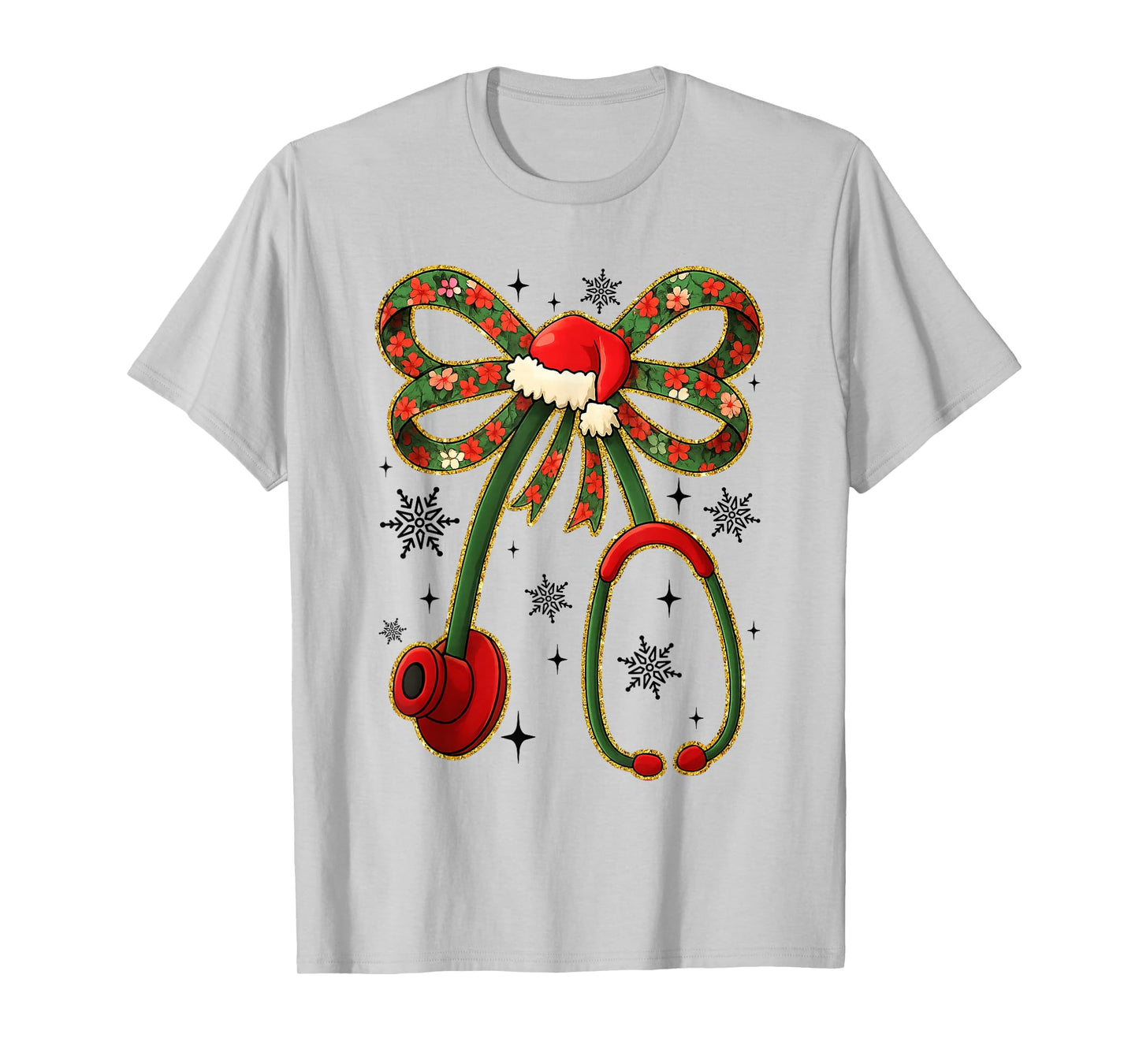 Nurse Stethoscope Christmas Bow Santa Hat Holiday Medical T-Shirt