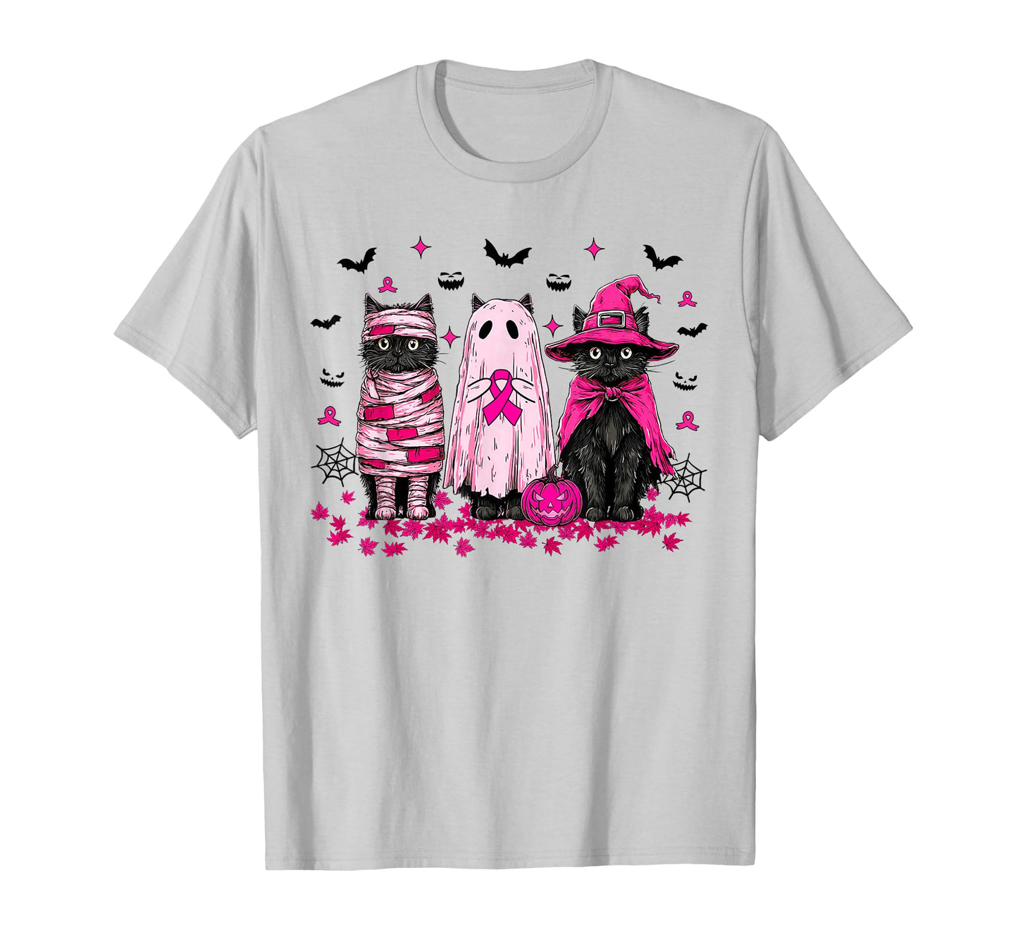 Ghost and Witch Black Cat Retro Halloween Breast Cancer T-Shirt