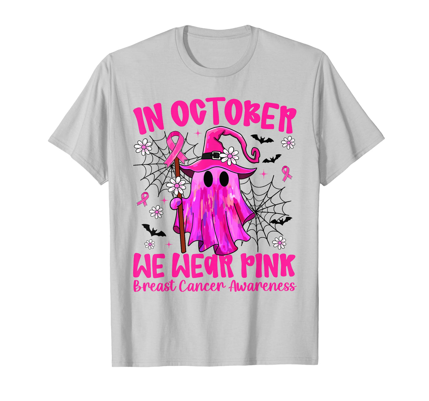 in October We Wear Pink Ghost Witch Breast Cancer Awareness T-Shirt