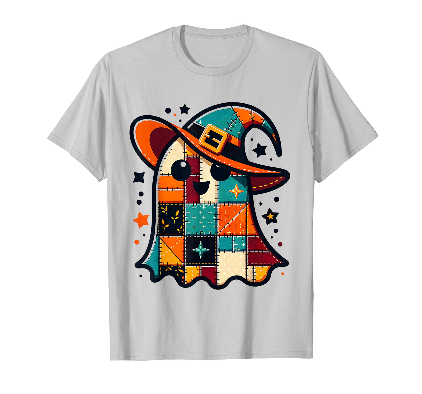 Halloween Patchwork Ghost with Witch Hat Cute Spooky Fun T-Shirt