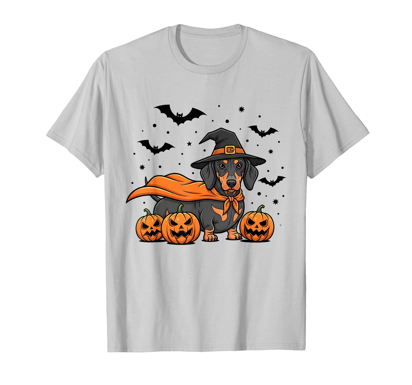 Halloween Dachshund Dog in Witch Hat with Pumpkins and Bats T-Shirt