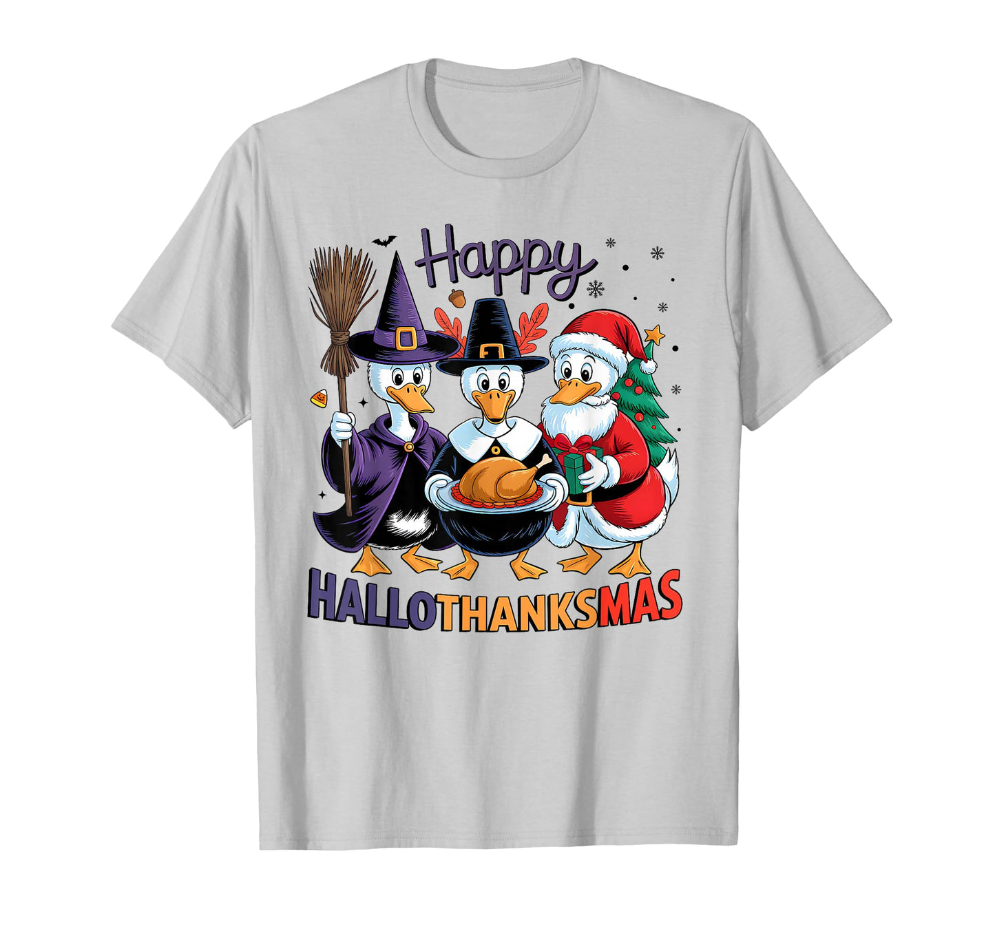 Happy HalloThanksMas Duck Halloween Thanksgiving Christmas T-Shirt