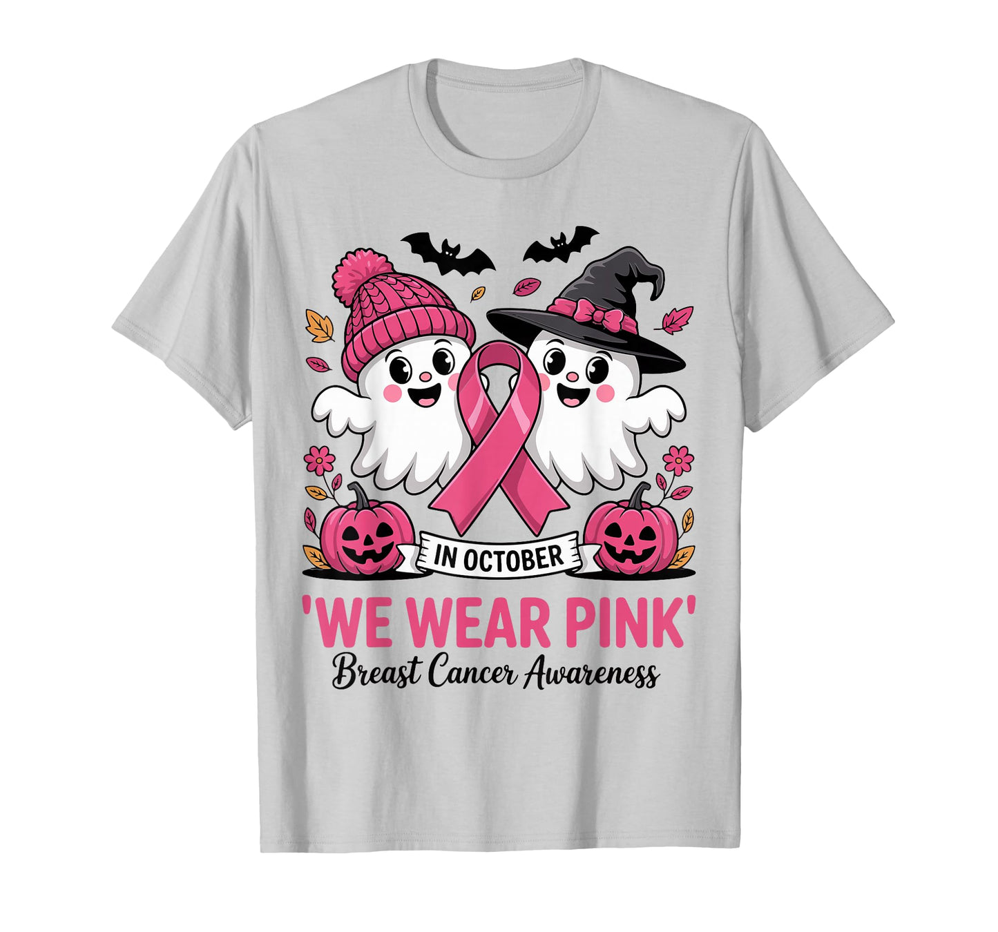 in October We Wear Pink Ghost Witch Breast Cancer Awareness T-Shirt