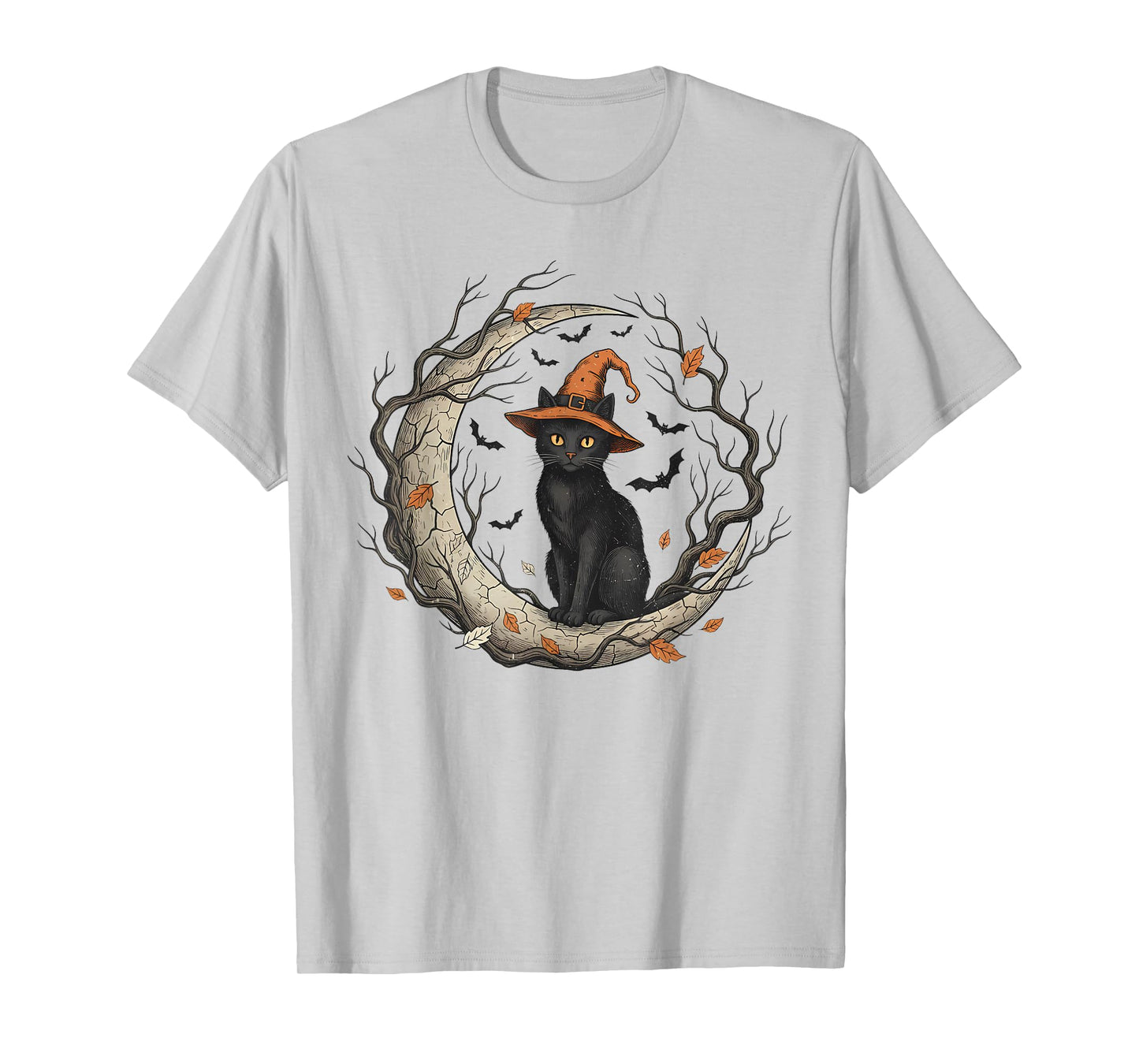 Funny Cat Witch Halloween Fall Vintage Moon Costume Tee T-Shirt