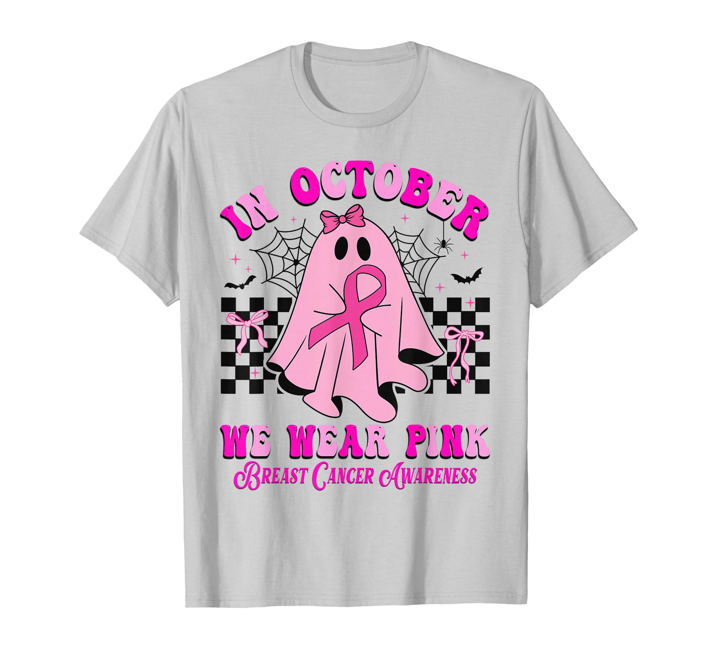 In October We Wear Pink Ghost Halloween Breast Cancer Ribbon T-Shirt
