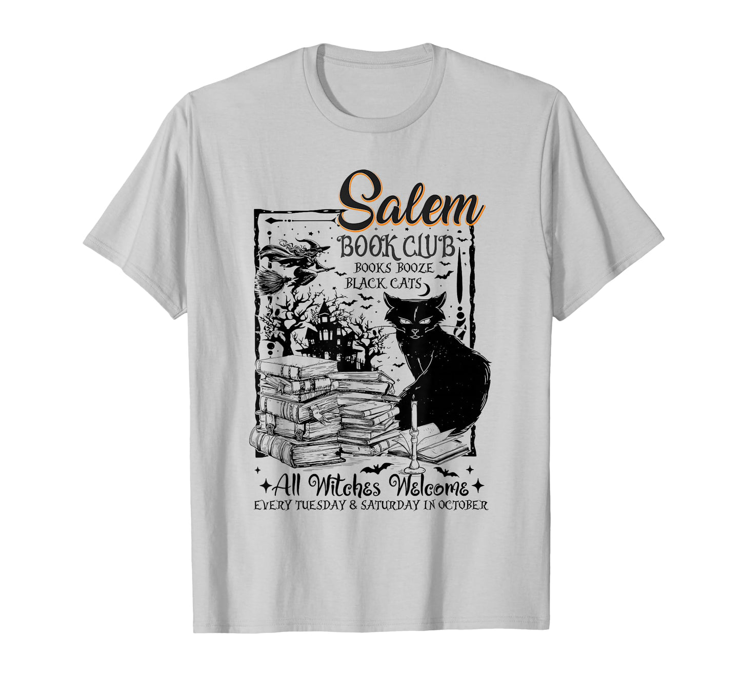 Salem Witch Book Club Bookish Retro Halloween Black Cat T-Shirt