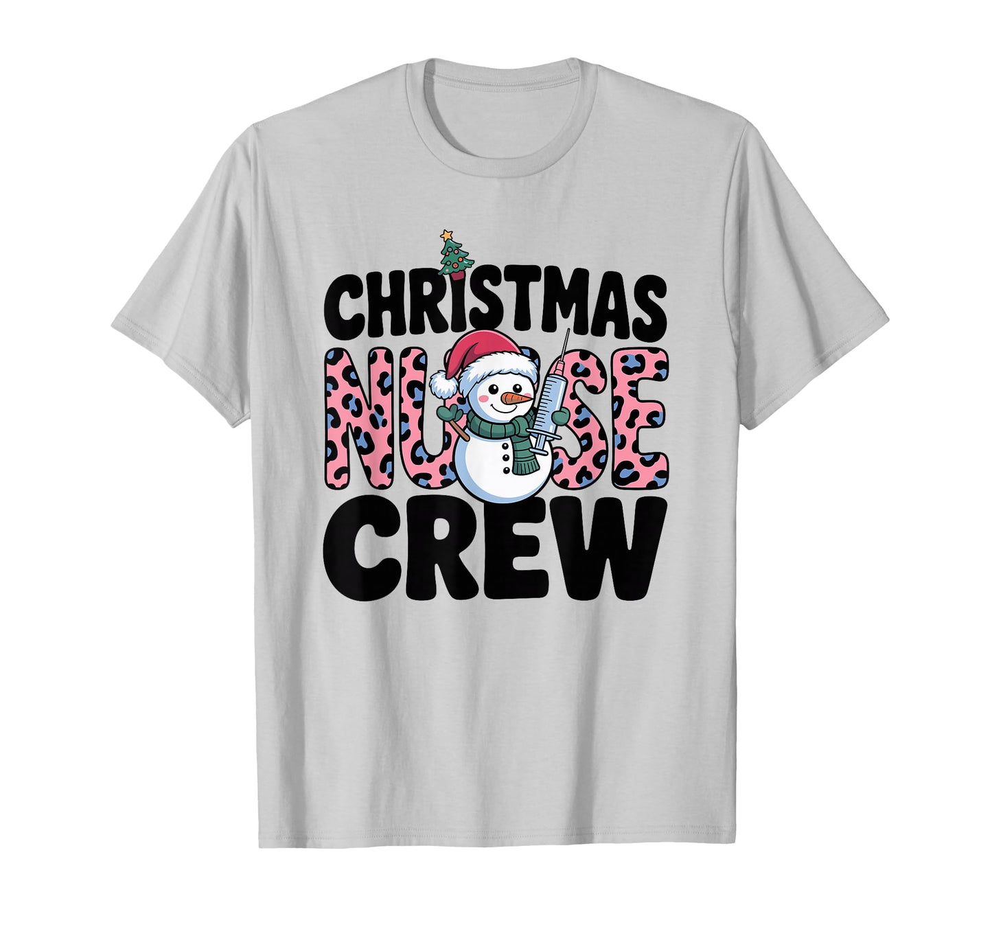 Nurse Christmas Crew Snowman Pink Leopard Print T-Shirt