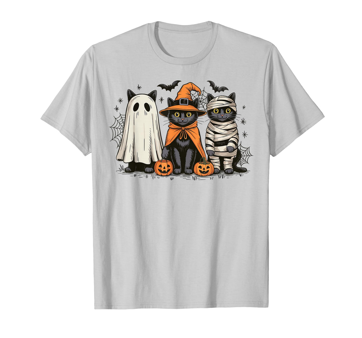 Retro Three Black Cats Witch Pumpkin Scary Halloween Costume T-Shirt