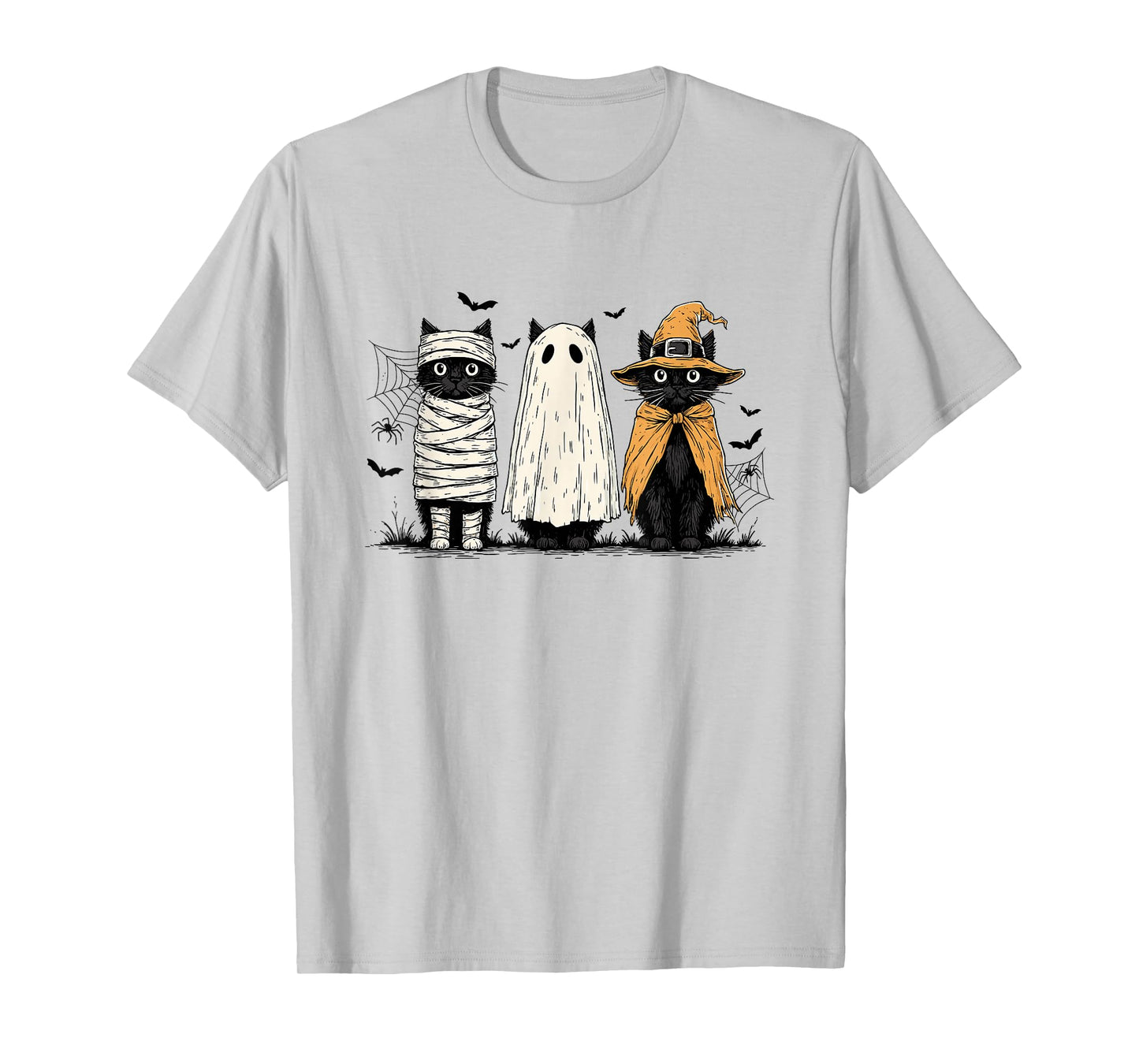 Cute Retro Three Black Cat Mummy Pumpkin Ghost Halloween T-Shirt