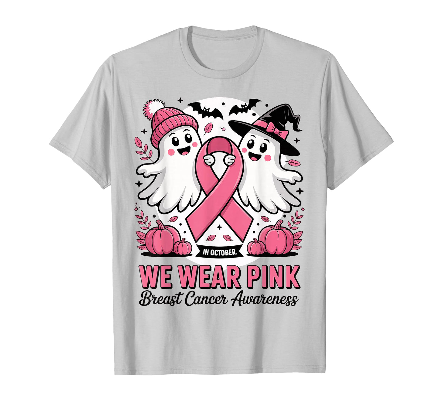 in October We Wear Pink Ghost Witch Breast Cancer Awareness T-Shirt