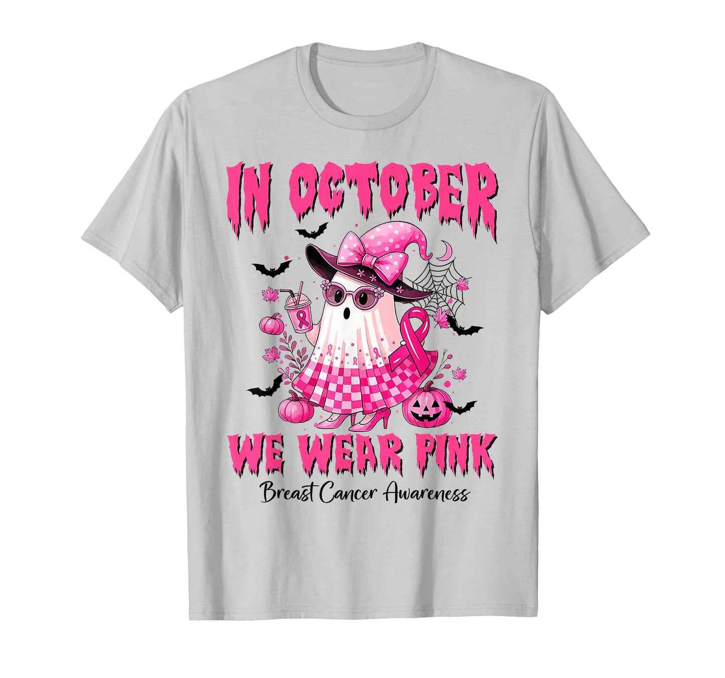 in October We Wear Pink Ghost Witch Breast Cancer Awareness T-Shirt