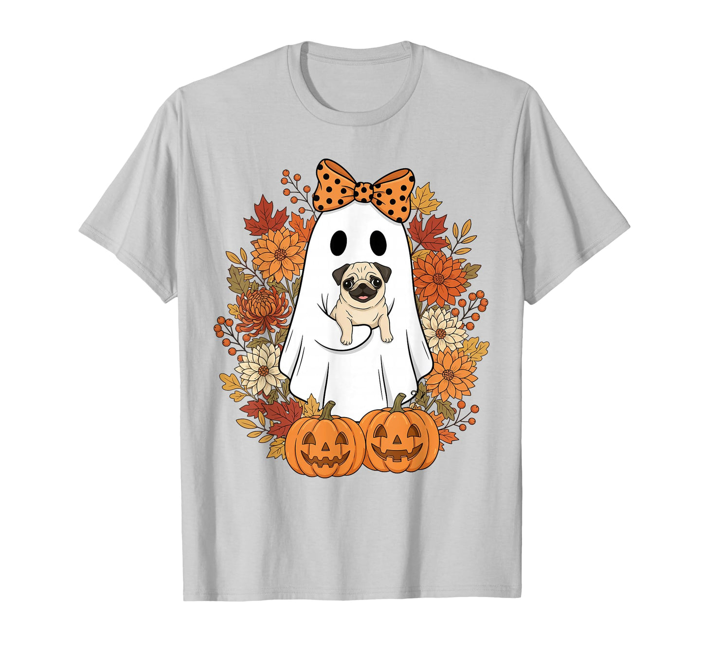 Vintage Halloween Ghost Holding Pug Groovy Floral T-Shirt
